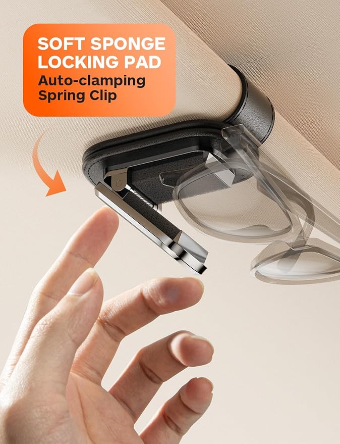 Sunglass Holder for Car Visor, One-Handed Operation Leather Sunglasses Clip with Soft Padding, Auto-Clamping Eyeglasses Organizer for Sun Visor, Universal Car Accessories (Black)