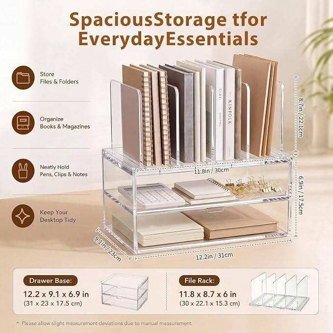 Ripeng Acrylic Desk Organizer with 2 Drawers, Vertical File Holder with 5 Detachable and Adjustable Dividers, Clear Desk Organizers and Accessories for Home, Office, School