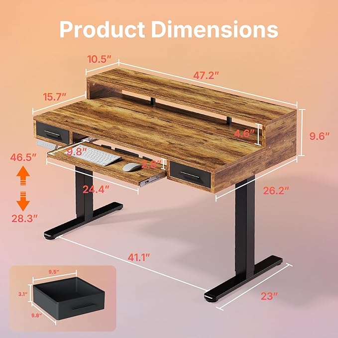 HUANUO 48″ x 26″ Electric Standing Desk with 2 Drawers &24.4″ Large Keyboard Tray, C-Clamp Mount Compatible, Adjustable Computer Desk for Office, Sit Stand Up Desk with 4 Height Presets, Vintage Brown