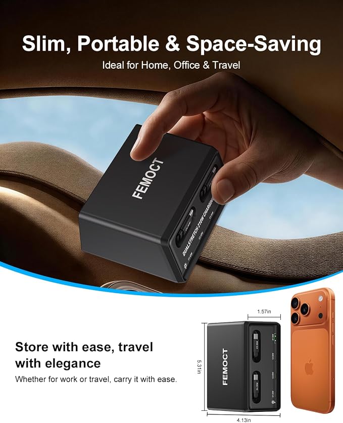 Retractable Charger, 6-in-1 210W GaN USB C Charging Station for Multiple Devices, Dual 2.3ft Built-in Retractable Cables, PD 45W Fast Usbc Desktop Charger for iPhone 17/16/15, Galaxy S26, and More