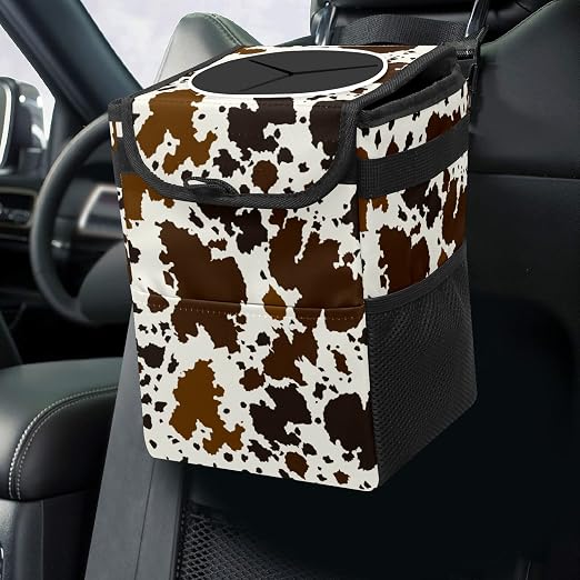 Western Brown Black Cow Print Car Trash Can with Lid Collapsible Reusable Waterproof Car Garage Bag,Automotive Garbage Can,Car Accessories Interior Car Organizer
