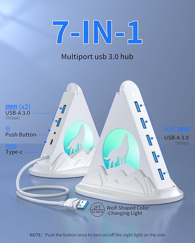 USB Hub 3.0, 7-Port USB Hub with RGB Night Light and Base, Vertical USB a Splitter for Desktop,Laptop, MacBook, Game Console, Flash Drive, XPS, PC, Printer, Camera, Keyboard（White+Base）