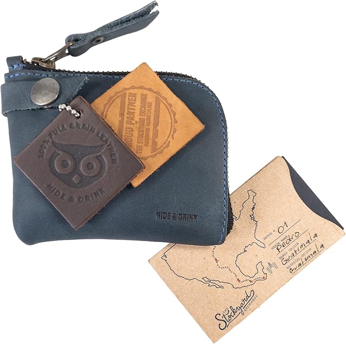 Hide & Drink, Zippered Wallet, Holds Up to 6 Cards Plus Folded Bills, Pouch Organizer, Cash Holder, Travel Essentials, Mini, Pocket-Size, Full Grain Leather, Handmade, Slate Blue