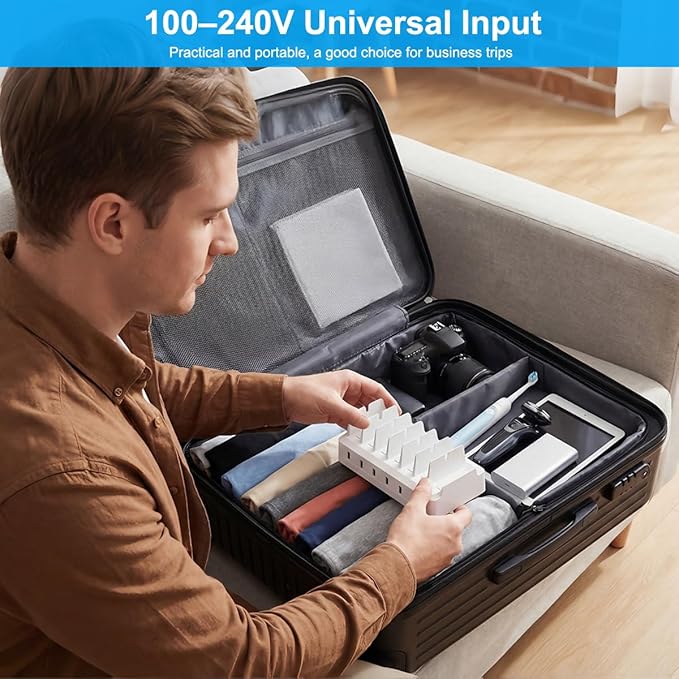 Charging Station for Multiple Devices, 6 Port USB Desktop Charger Dock Compatible with iPad, Samsung, Android, Tablet, Family Multi Phone Charging Organizer with Divider Holders, Fireproof ABS (Black)
