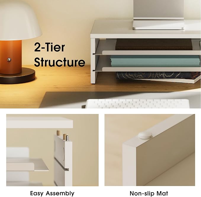 Fenge Monitor Stand, 3-Tier Monitor Riser with Slide-Out Tray, Wooden and Metal Desktop Organizer for Home Office, Computer, Laptop, Printer, Telephone