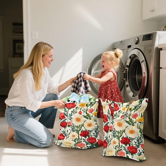 Travel Laundry Bags 2 PC Wet Dry Bag with Handle Dirty Clothes Organizer for Swimsuits Beach Camping Waterproof Washable Poppy and Roses Flowers Bushes