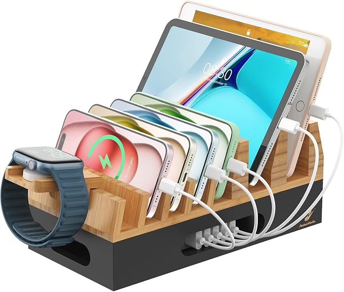 Pezin & Hulin Bamboo Charging Station Organizer for Multiple Devices & Wood Desktop Docking Charging Stand Such As Cell Phone, Tablets, Phone Case and Watch Stand(No USB Charger) (Natural + Black)