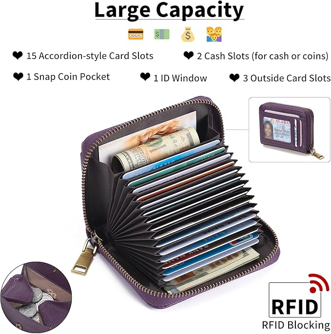 GAEKEAO Credit Card Holder Wallet for Women RFID Blocking Small Genuine Leather Card Case with Coin Pocket ID Window