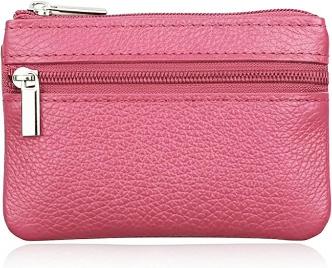 Hibate Pink Small Leather Coin Purse Change Pouch for Women Men Kids with Zip Key Ring