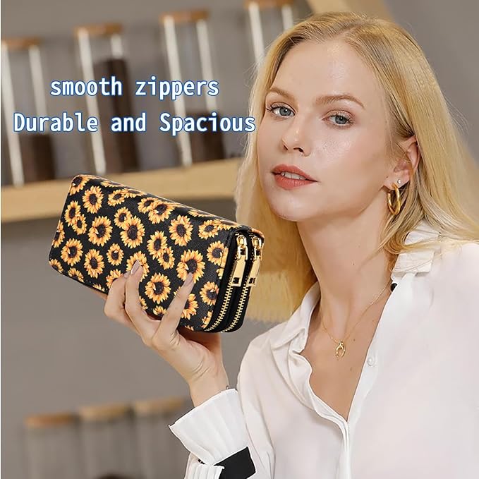 Sunflower Wallets for Women Large Capacity 2 Zipper Accessories Gifts Ladies Purse Credit Card Holder