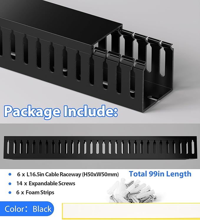 ZhiYo 2 x 2in Professional Server Rack Cable Management Raceway, 99in (6X L16.5in) Cable Raceway Kit, Electrically Safe PVC Open Slot Wire Raceway for Under Desk/Computer/Network Cords, Black