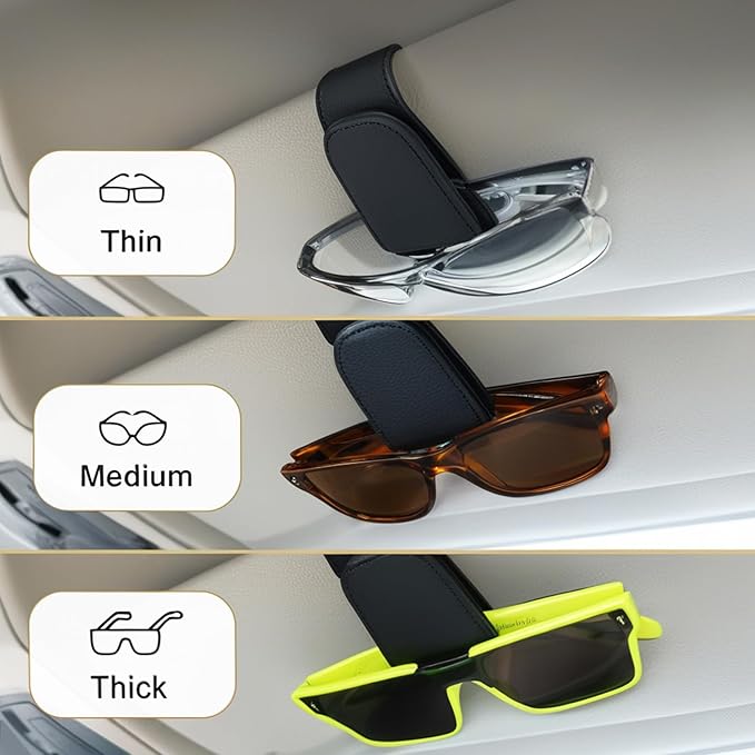 EldHus Sunglass Holder for Car Visor - 2 Pack Magnetic Car Glasses Holder Clip, Leather Eyeglass Holder for Car, Universal Vehicle Sunglasses Hanger Eyeglasses Mount, Black