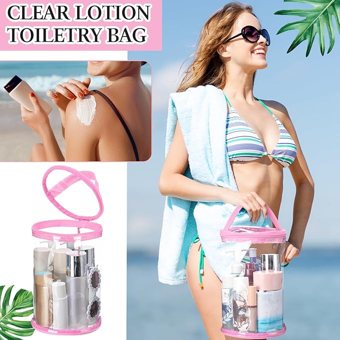 Sanwuta Clear Lotion Bag for Toiletry Sunscreen Cylinder Makeup Bag Heavy Duty Travel Organizer Pouch Waterproof Cosmetic Pouch with Handle Zipper Gift for Summer Beach Pool Airport Women(Pink)