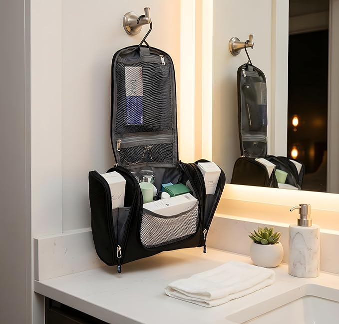 Bago Travel Toiletry Bag for Women and Men - Large Waterproof Hanging Large Toiletry Bag for Bathroom and Travel Bag for Toiletries Organizer -Travel Makeup Bag (Black)