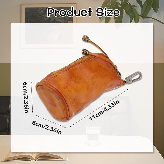 TIESOME Vintage Genuine Leather Zipper Coin Purse, Medieval Cowhide Change Holder Coin Pouch Wallet Coin Organizer With Key Ring Little Travel Wallet for Men(Brown)