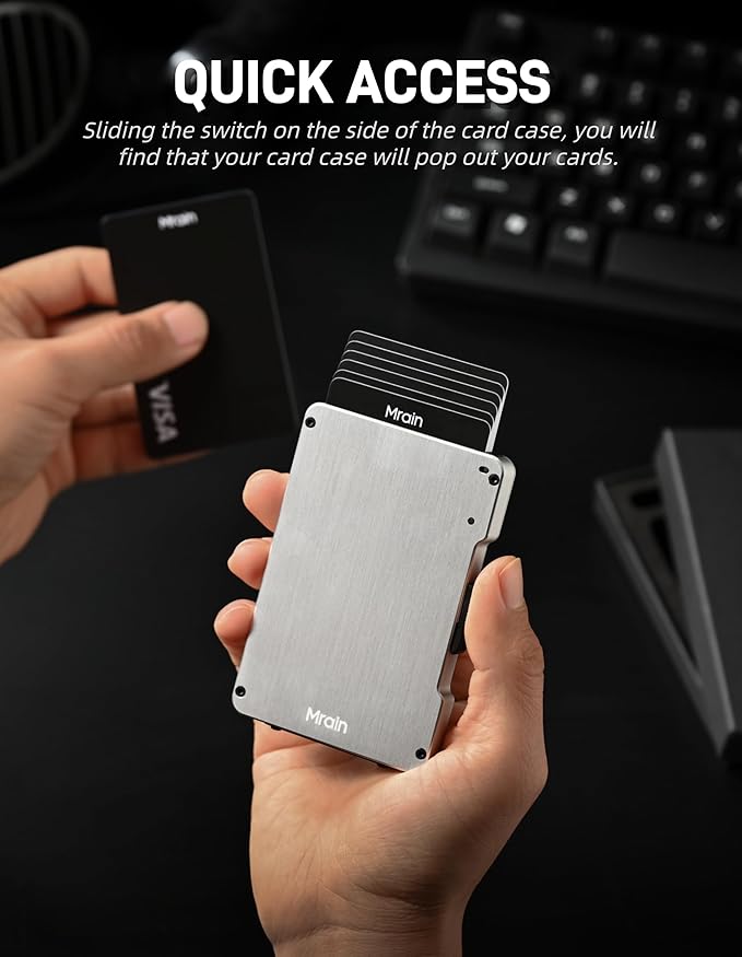 Slim Metal Wallet For Men, Aluminum Wallet With Money Clip, Minimalist Rfid Credit Card Holder, Mens Slim Pop Up Wallet, Gifts for Him (Brushed Silver)