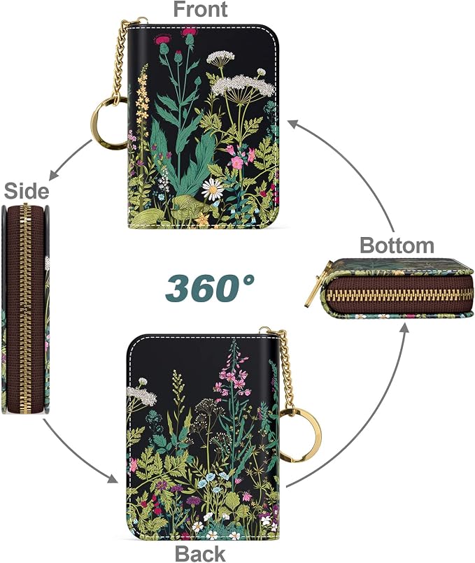 Nipichsha Credit Card Holder, Small RFID Card Wallet for Women, Slim Leather Card Holder Wallet, Credit Card Wallet Organizer, Pocket Business Card Case with Zipper & Keychain, Dandelion