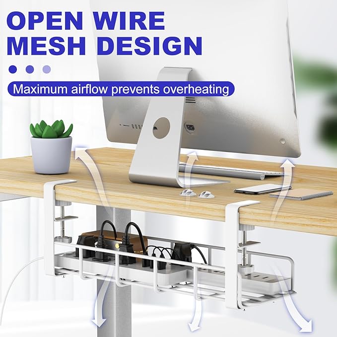 Under Desk Cable Management Tray, 31.5'' No Drill Heavy Duty Steel Cable Tray Organizers, Wire Management Tray Cable Rack with Clamp Mount, Adjustable Metal Under Desk Tray (White, 2 Pack)