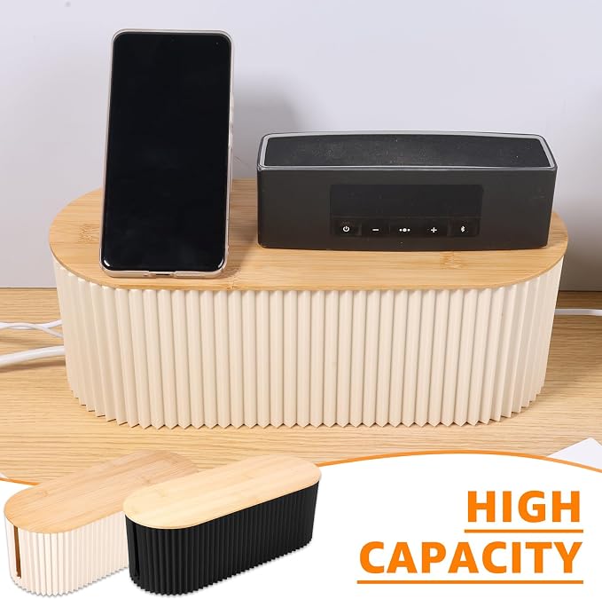 2Pcs Cable Management Box, 13 × 5.12 × 4.33 inch Plastic Cord Hider Box with Wood Lid, Hidden Storage Cord Organizer Box, Ample Internal Space Power Strips Cover Easy Access for Home Office