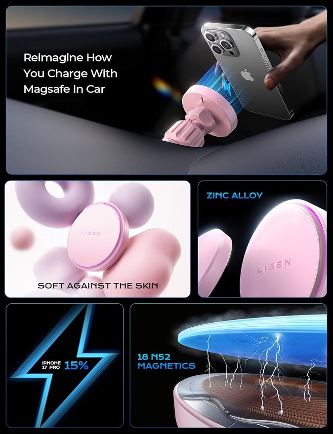 LISEN 15W MagSafe Car Mount Charger,[Light Pink] Magnetic Wireless Car Charger, Dashboard & Air Vent Car Phone Mounts, Car Phone Holder for iPhone 17-12, Samsung, Pixel, Cute Car Accessories for Women | [Light Pink & Purple LED light] Magsafe Car Mount...