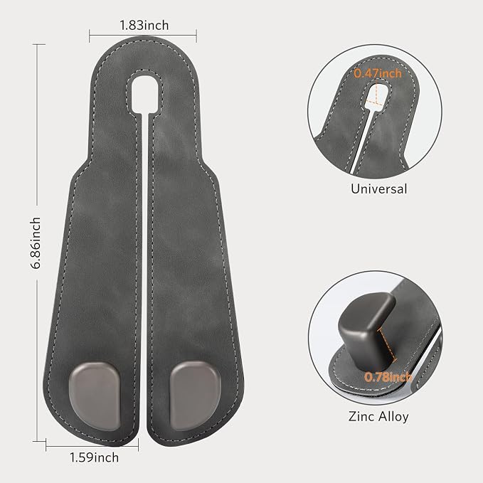 CoBak Purse Hook for Car - Universal Premium Stitched Leather and Aluminum-Magnesium Alloy Double Car Seat Back Storage Hook for Purses, Handbags, Bags (2 Pack),Gray