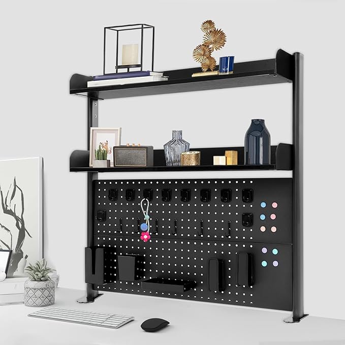 Desk Pegboard, Clamp On Desk Organizer Shelf, Desktop Bookshelf Storage Shelves, Privacy Panel for Home Office Dorm Gaming Desk, Carbon Steel, 39.4" x 37.4", Black
