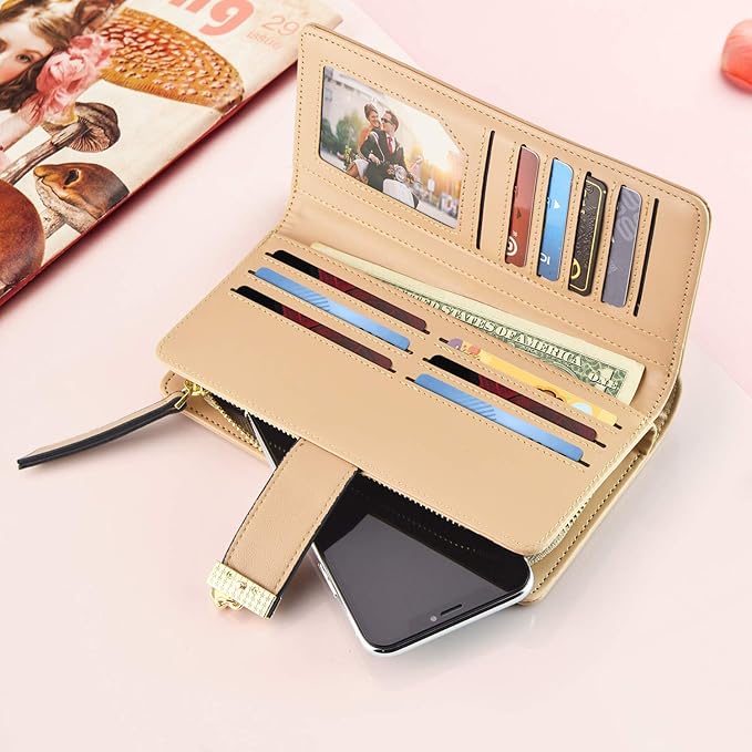 PGXT Women's Wallet Women Credit Card Holder Hollow Leaf Pattern Bifold Leather Lady Long Wallet Purse Zip Birthday Xmas Gifts for Women Girls(Brown)