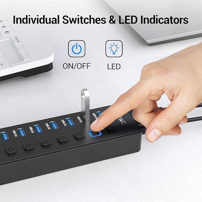 JESWO 11-Port USB 3.0 Splitter (7 Data Transfer Ports + 4 Smart Charging Ports), Powered USB Hub with Individual LED On/Off Switches and 12V/3A Power Adapter