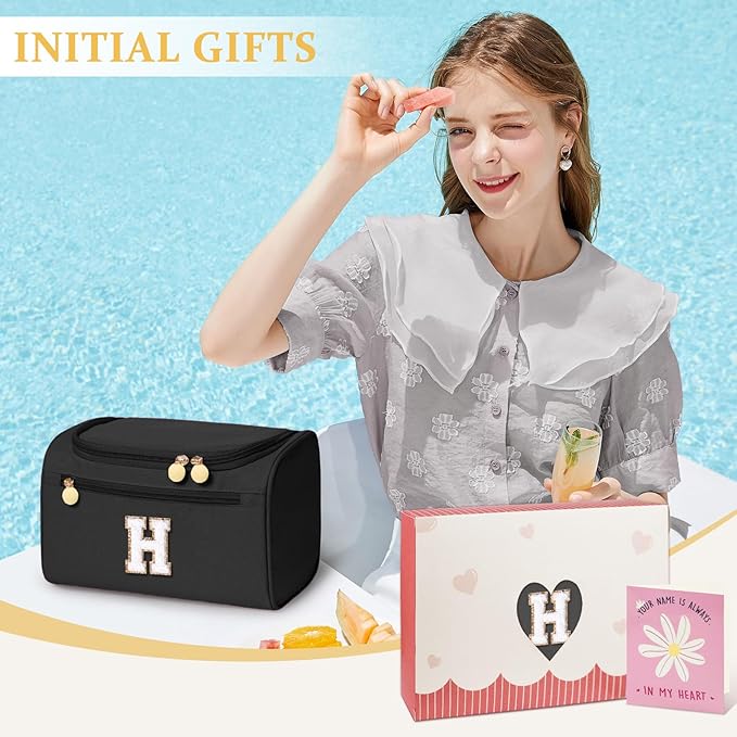 COSHAYSOO Personalized Graduation Gifts for Teenager Girls Girly Dorm Room Essentials for College Girls, Initial Monogram Hanging Toiletry Bag Skin Care Items Organizer Black Letter H