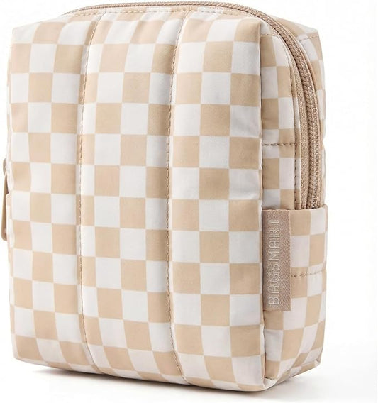 BAGSMART Small Travel Makeup Bag for Purse Toiletry Pouch, Puffy Padded Mini Cosmetics Bag, Cute Make Up Pouch for Women with Slip-in Pocket, Travel Essentials for Toiletries, Checkered Khaki