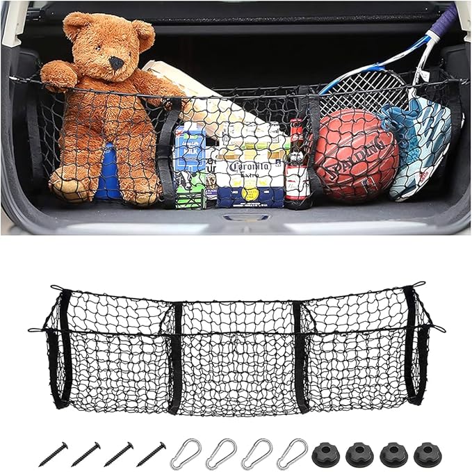 Cargo Net for Car, Expandable 3 Pocket Heavy-Duty Cargo Net Organizer, Black Mesh Storage Pocket with 4 Metal Carabiners Universal for Car, SUV, Pickup Truck, Van Trunk Bed