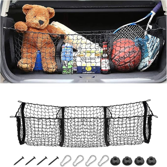 Cargo Net for Car, Expandable 3 Pocket Heavy-Duty Cargo Net Organizer, Black Mesh Storage Pocket with 4 Metal Carabiners Universal for Car, SUV, Pickup Truck, Van Trunk Bed