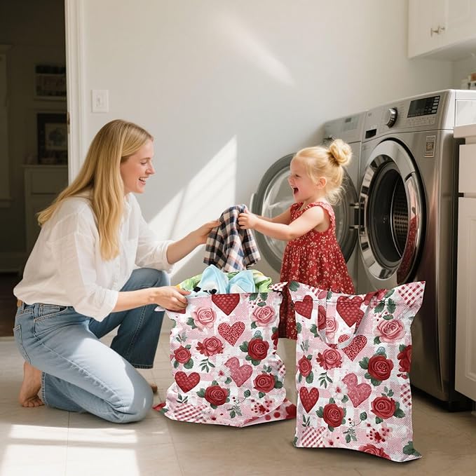 Travel Laundry Bags 2 PC Wet Dry Bag with Handle Dirty Clothes Organizer for Swimsuits Beach Camping Waterproof Washable Rose Stripes Heart Pink