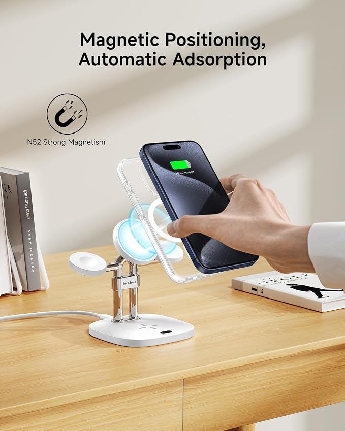 Dual Fast Charger for Apple Watch 11, Magnetic Wireless Charger Stand for iPhone Air/17 Pro Max/17 Pro/17/16/15/14, Charging Station for Apple Watch Ultra 3/SE 3/10/9/8/7/6, Airpods, SwanScout 709M