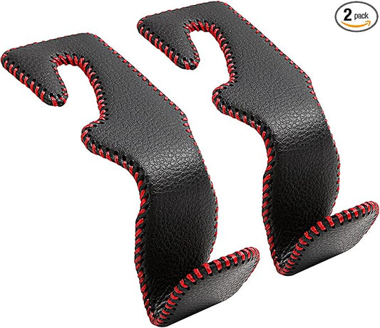 Car Hook Back Seat Headrest Hooks Genuine Leather Hanger Storage Organizer for Handbag Purse Coat Fit Universal Vehicle, 2 Pack, Black&Red
