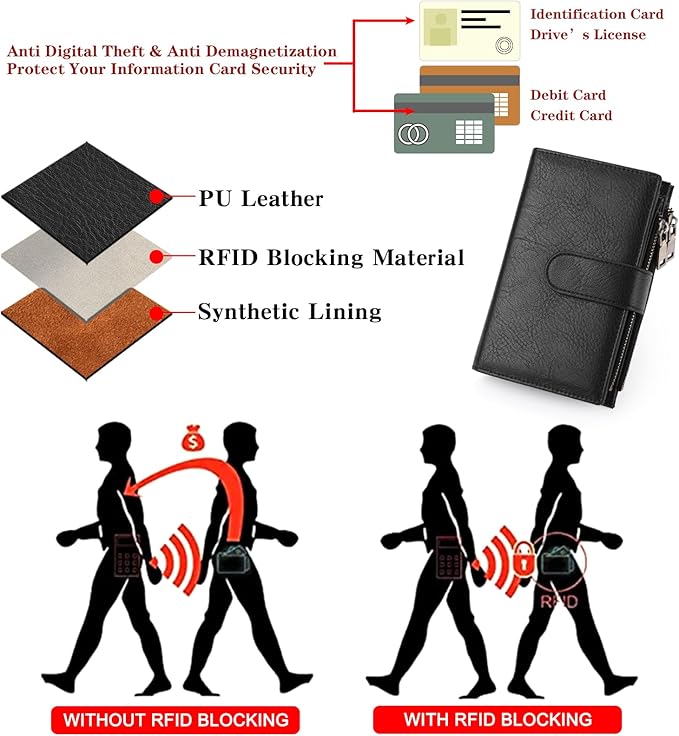 GOIACII Womens Wallets RFID Blocking Leather Trifold Clutch Wallet Credit Card Holder Ladies Purse 3 ID Windows Black