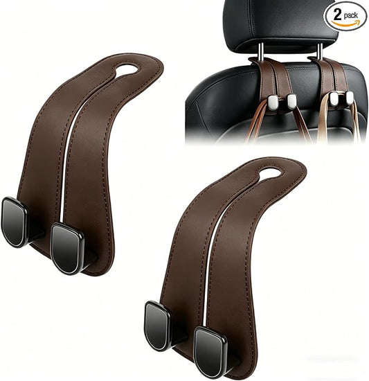 CHOSMOYI Leather Car Headrest Hooks for Purses & Bags, 2 Pack Heavy Duty Seat Back Organizer, Double Car Hooks for Groceries & Handbags, Universal Interior Accessories (Brown)