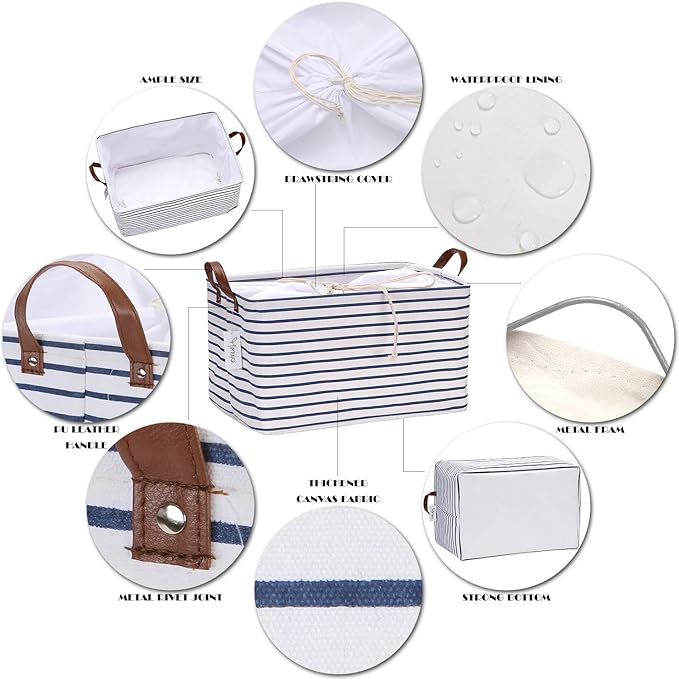 Hinwo 31L Large Storage Bins, Closet Organizers and Storage, Shelf Baskets, Foldable Clothes Storage Baskets with Handles, Containers for Clothing, Blanket, Towels, Toys, Bedding (Navy Stripe)