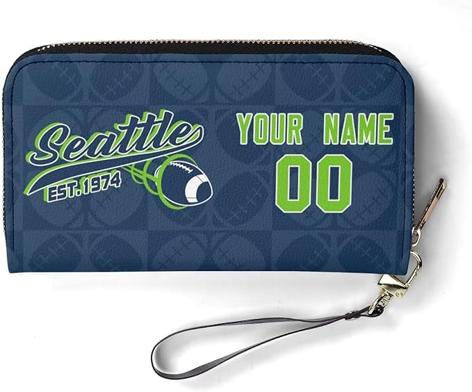 Custom Sports Team Zip Organizer Wallet-Personalized PU Leather Wallet with Name Number,Multi-Card Slots,Wrist Strap,Fan Gift for Men Women.