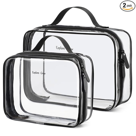PACKISM Clear Makeup Bag Combo Pack, 1 TSA Approved Medium & Large for Checked Luggage, Clear Toiletry Bag with Handle, Water-resistant Travel Essentials Organizer, Elegant Black