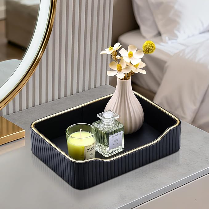 KINGFOM Prefume Tray, PU Leather Valet Tray Nightstand Organizer Perfume Trays for Men Women, Table Centerpieces Decorative Vanity Trays, Desk Organizer Tray for Key Jewelry Cosmetics (Black)