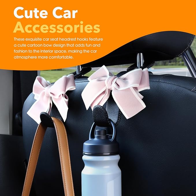 Car Purse Hook, Cute Bow Hooks for Headrest - Leather U-Shaped Purse Holder for Car, Flexible Seat Back Organizer & Durable Vehicle Accessories for Bags, Coats & More (Black&Pink-2 Pack)