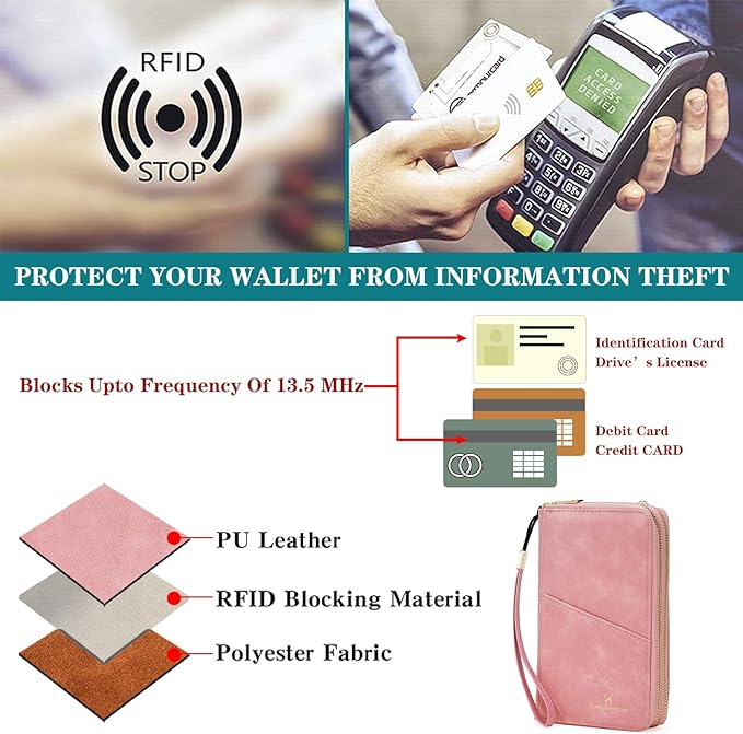 GOIACII Passport Wallet Travel Crossbody Bags for Women Wristlet Phone Purse Double Zip Vegan Leather Pink