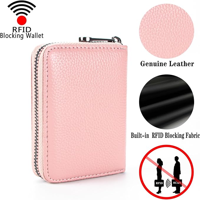 Suweibuke Genuine Leather Credit Card Holder Zipper Wallet RFID Blocking Secure Card Case ID Case Organizer (Pink)