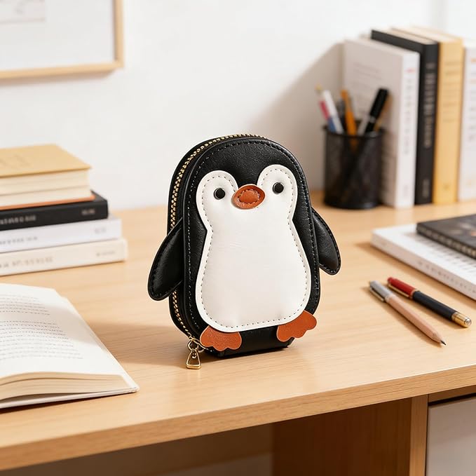 Novel and Interesting Cute Cartoon Penguin-shaped Coin Purse PU Leather Accordion Card Holder Large Capacity Zippered Money and Card Organizer Portable Mini Pocket Coin Purse Key Pouch (black)