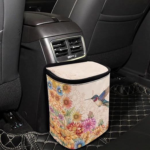 Biyejit Car Rubbish Storage Reusable Car Trash Can for Car SUVs Vans, Car Trash Bag Bin Hanging Waterproof Automotive Car Garbage Cans Leak Proof Vehicle Trash Can, Hummingbird Flowers