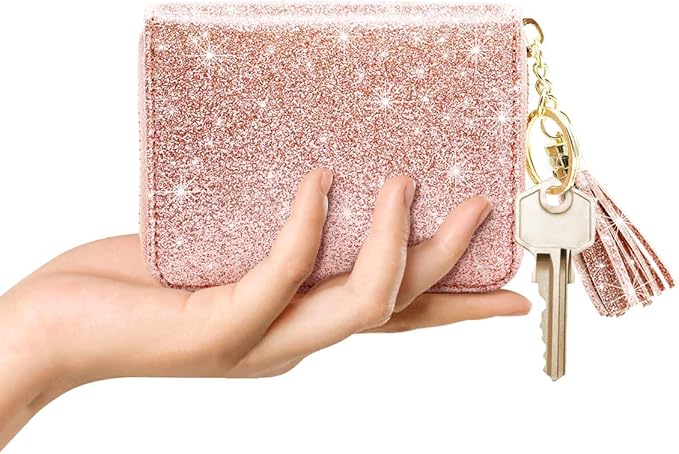 Coco Rossi Women Small Credit Card Wallet RFID Glitter Bling Cute Accordion Card Holder with Zipper Pink
