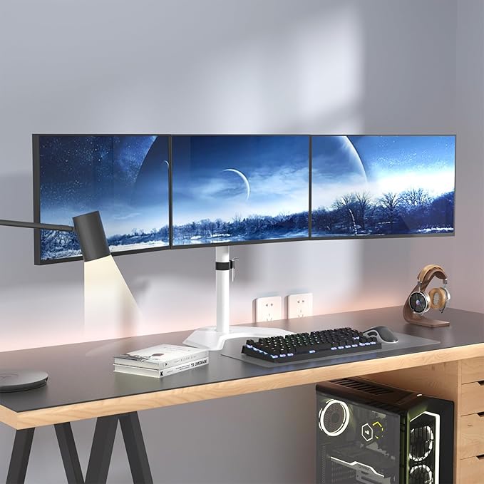 WALI Triple Monitor Stand, Free Standing Three LCD Monitor Fully Adjustable Desk Mount Fits 3 Screens up to 27 inch, 22 lbs Weight Capacity per Arm (MF003-W), White