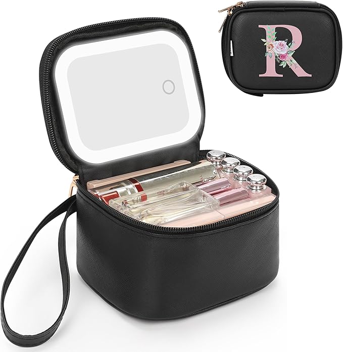 Relavel Initial Makeup Bag with Led Mirror for Women Girls, Mini Personalized Cosmetic Bag with Adjustable Brightness, Rechargeable Make Up Bags Pouch for Birthday Gift - Black R