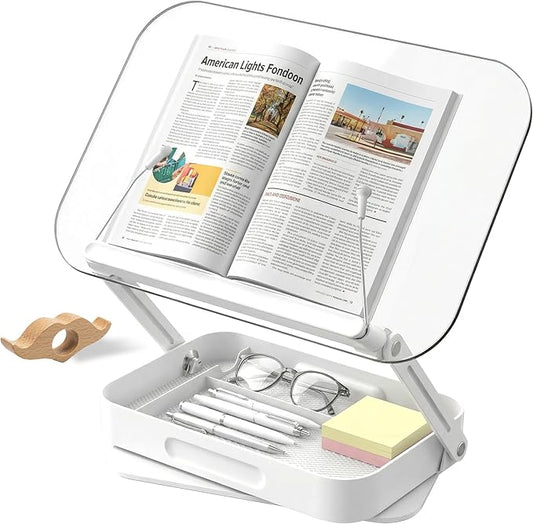 Book Stand for Reading, Acrylic Adjustable Book Holder with Book Page Holder, 360°Cookbook Stand with Storage for Kitchen Counter, Hands Free Recipe Book Holder for Textbook Cookbook, Clear